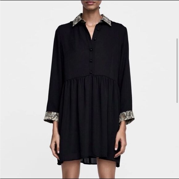 Zara Basic Black Python Snake Trim Mini Dress Size Medium Animal Print Goth - Picture 1 of 15